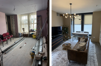 Before, left: a room undergoing renovation. After, right: the furnished and styled Soulful Stays lounge.